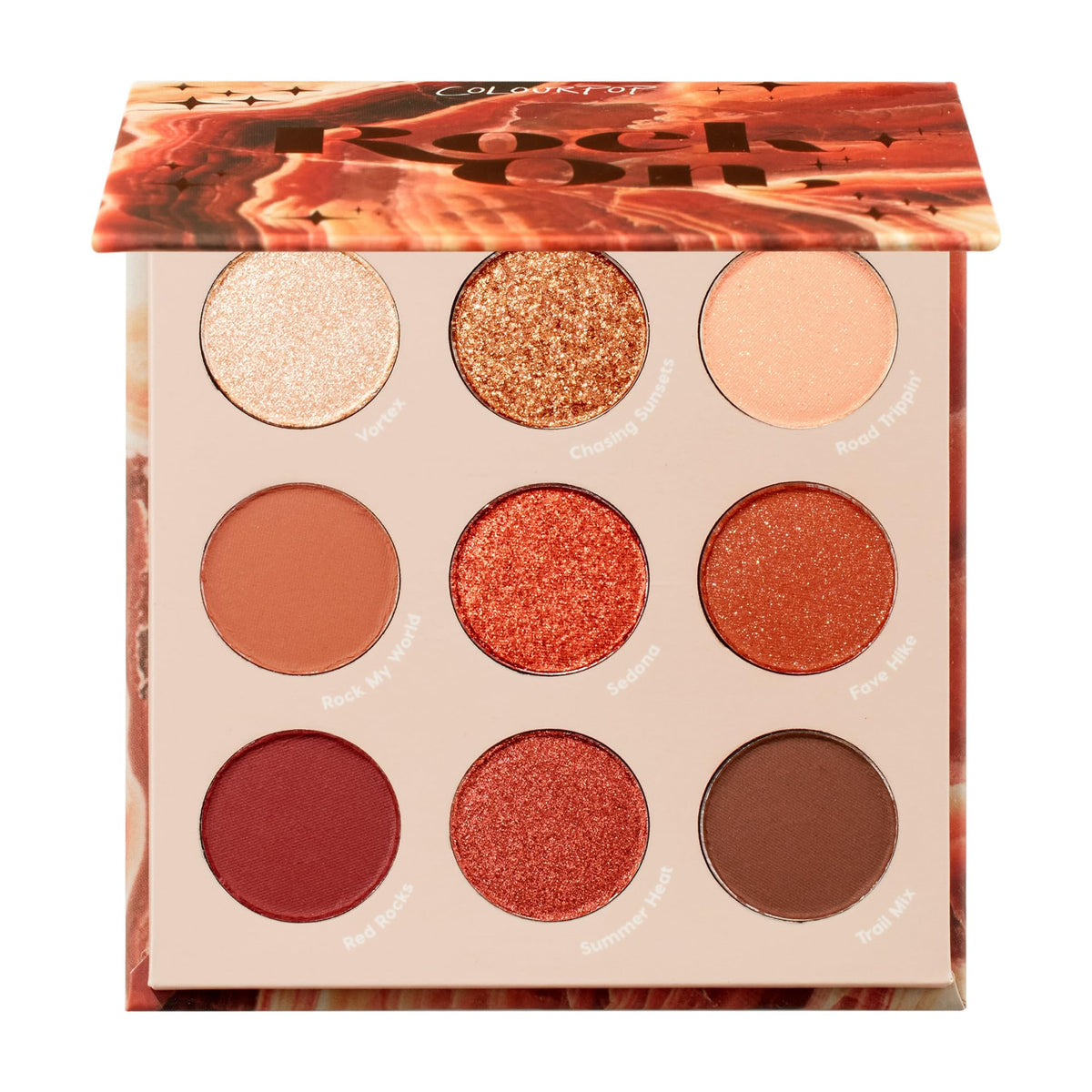 ColourPop front palette view showing nine warm terracotta shades and compact benefit