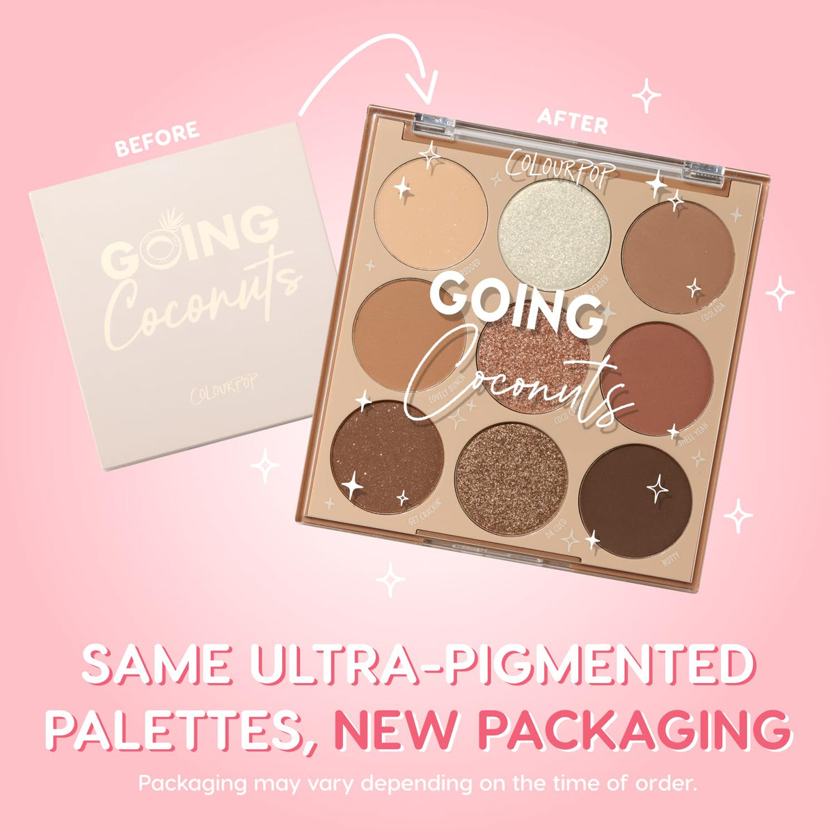 ColourPop open palette pan layout showing nine coordinated shades