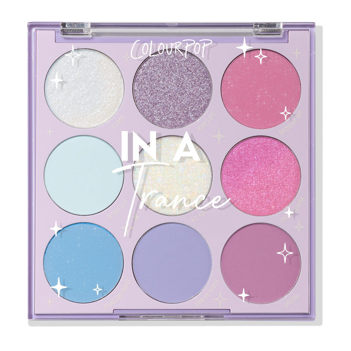 ColourPop front view of In a Trance palette showing all pans and finishes for versatile looks