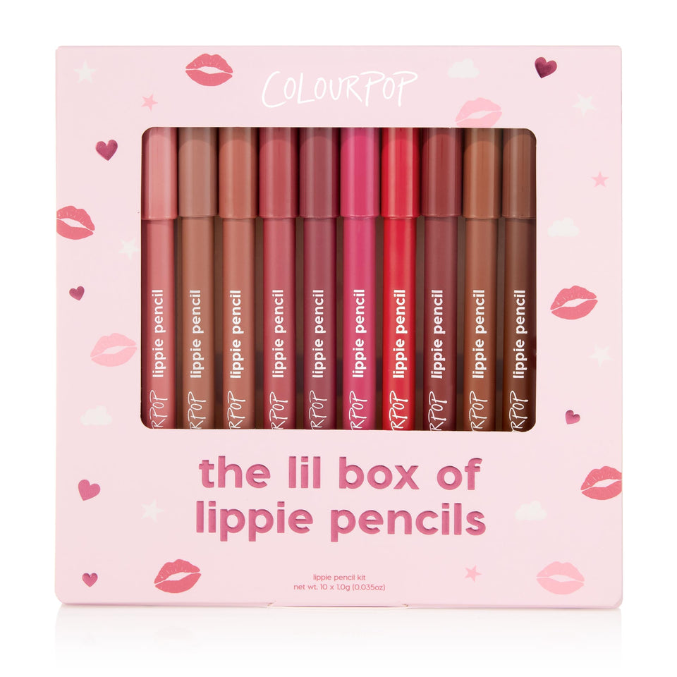 ColourPop front packaging showing the 10-piece lippie pencil set and benefits