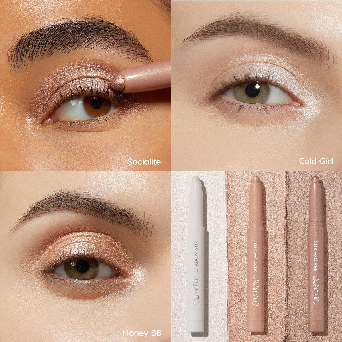 ColourPop Shadow Stix evening look on model showcasing shimmer impact