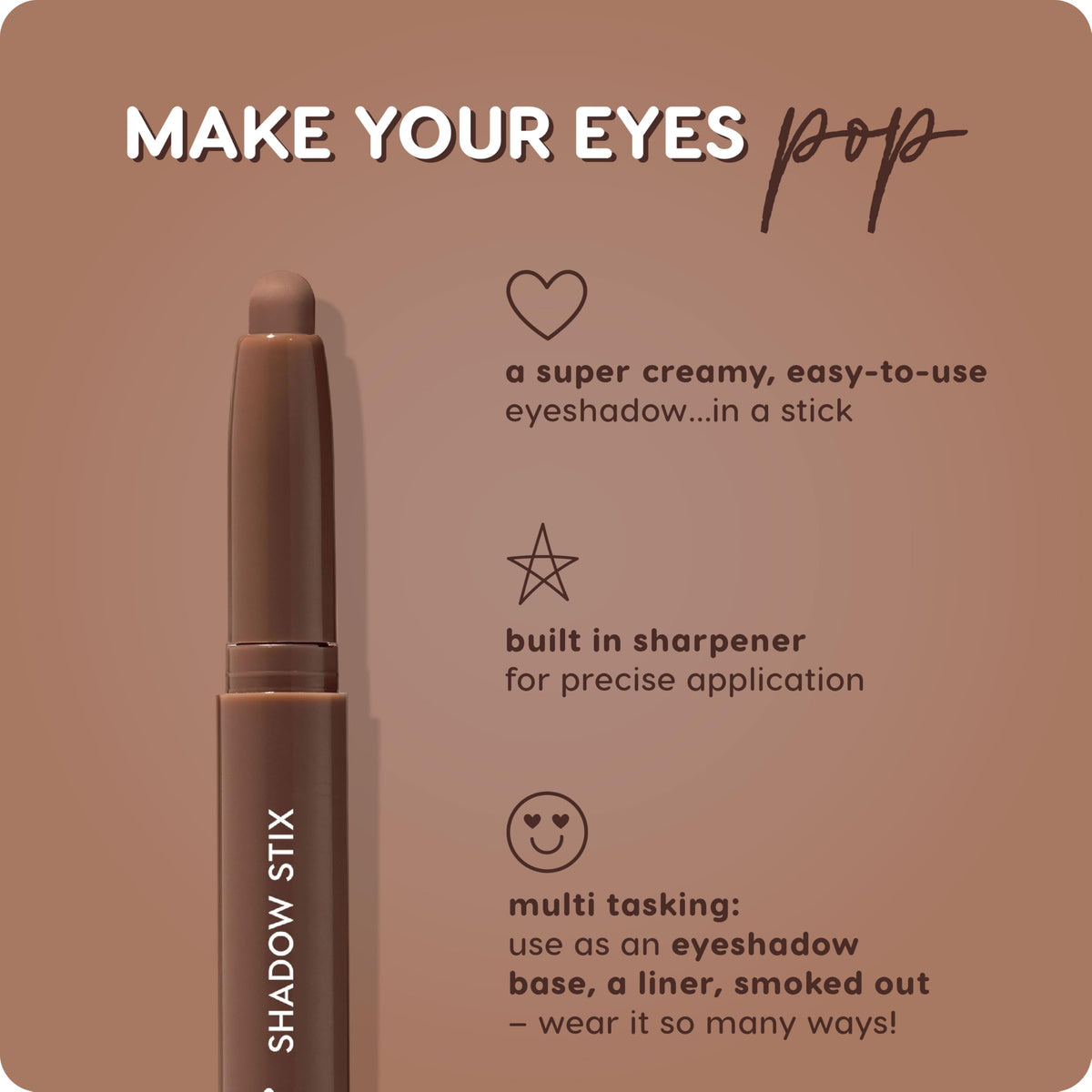 ColourPop Shadow Stix Walnut Ave applied on eyelid in use showing wearable warm brown color
