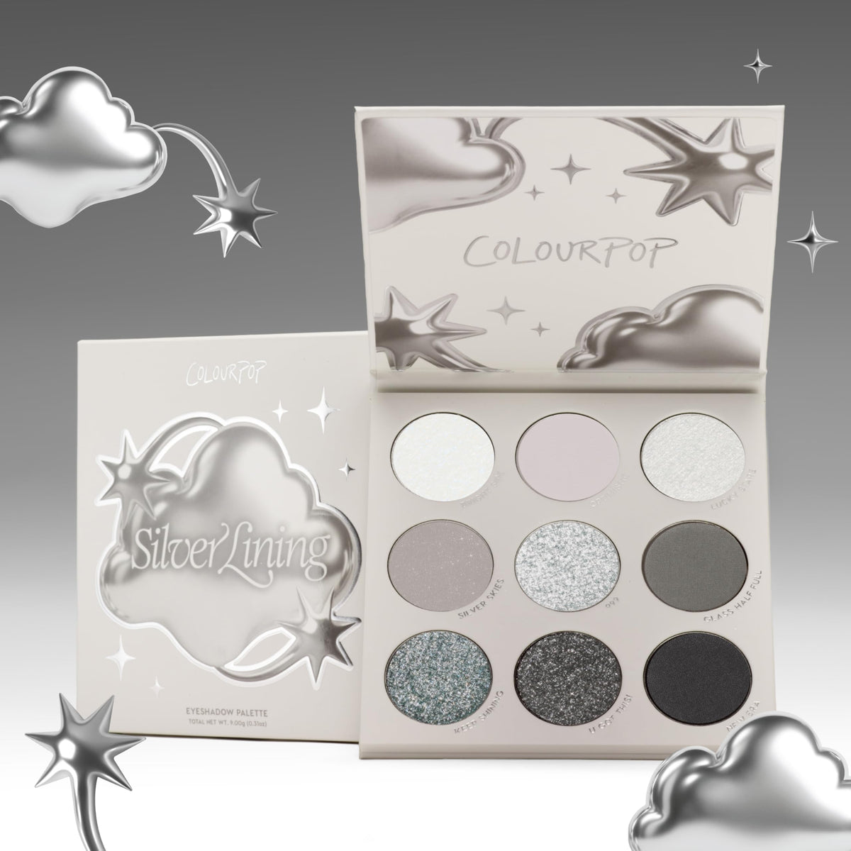 ColourPop evening look lifestyle image showing finished smoky silver eye for night