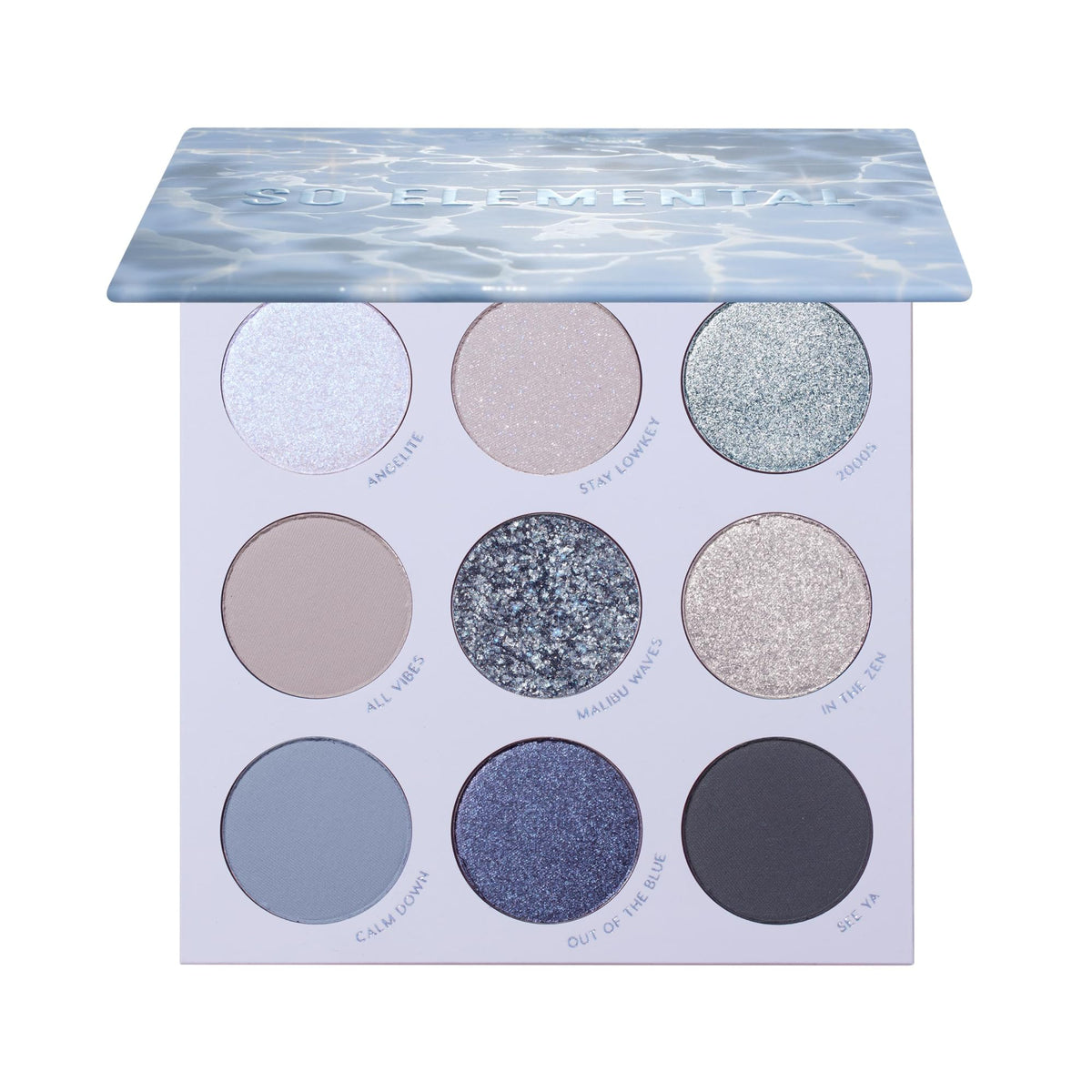 ColourPop front packaging showing blue and silver shade layout and palette design for easy selection