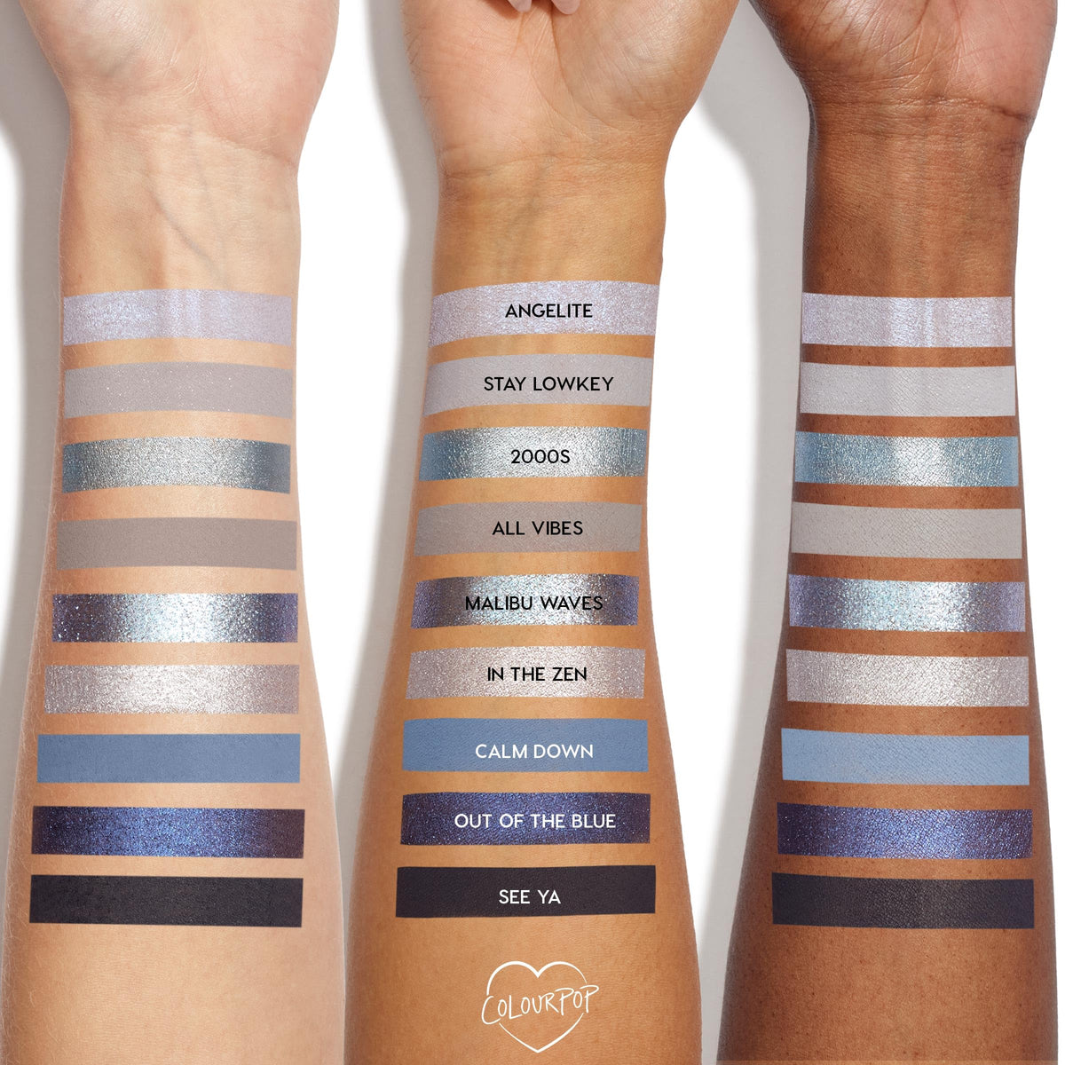 ColourPop texture swatch of metallic silver showing reflective sheen and smooth application
