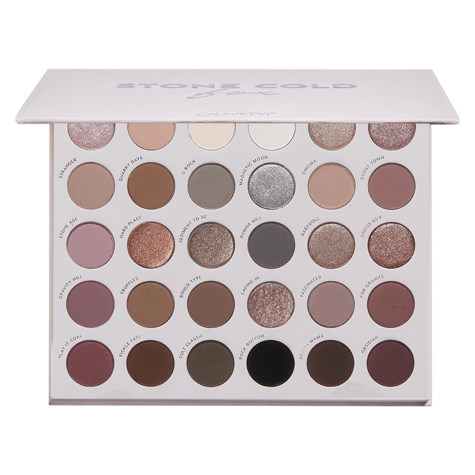 ColourPop Stone Cold Fox open palette showing 30 cool-toned pans and variety benefit