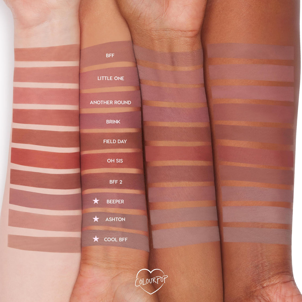 ColourPop arm swatches displaying Ashton Beeper Cool BFF cool-tone pigments for shade comparison