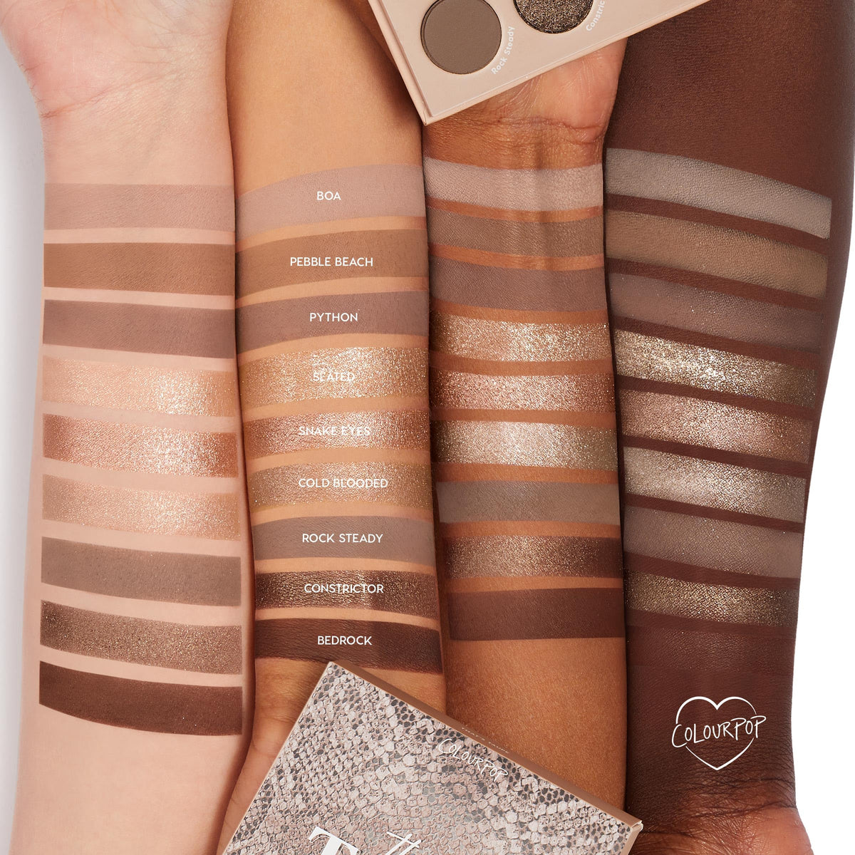 ColourPop arm swatches showing pigment payoff and blendable color range