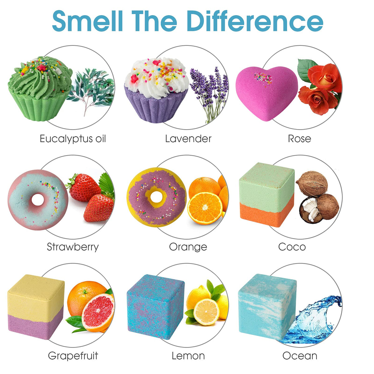 comfso top view of ten different bath bombs highlighting playful shapes