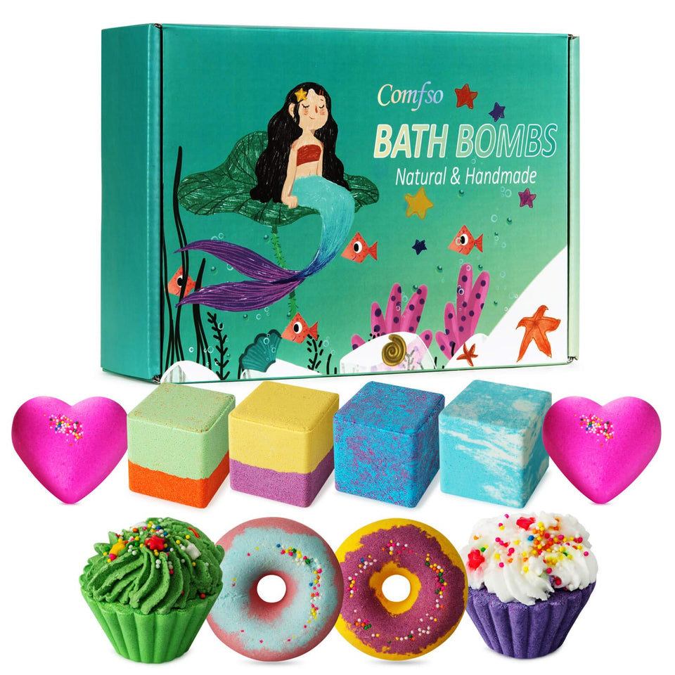comfso front packaging showing colorful bath bomb set and gift-ready box