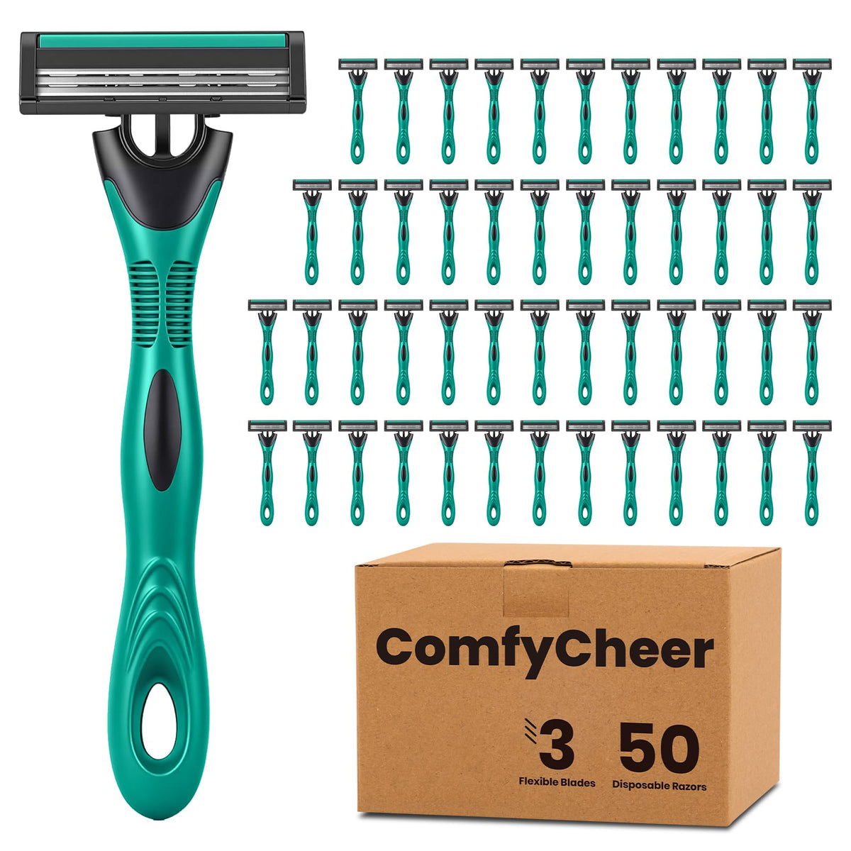 Comfycheer front packaging showing 50-count value pack and contents benefit