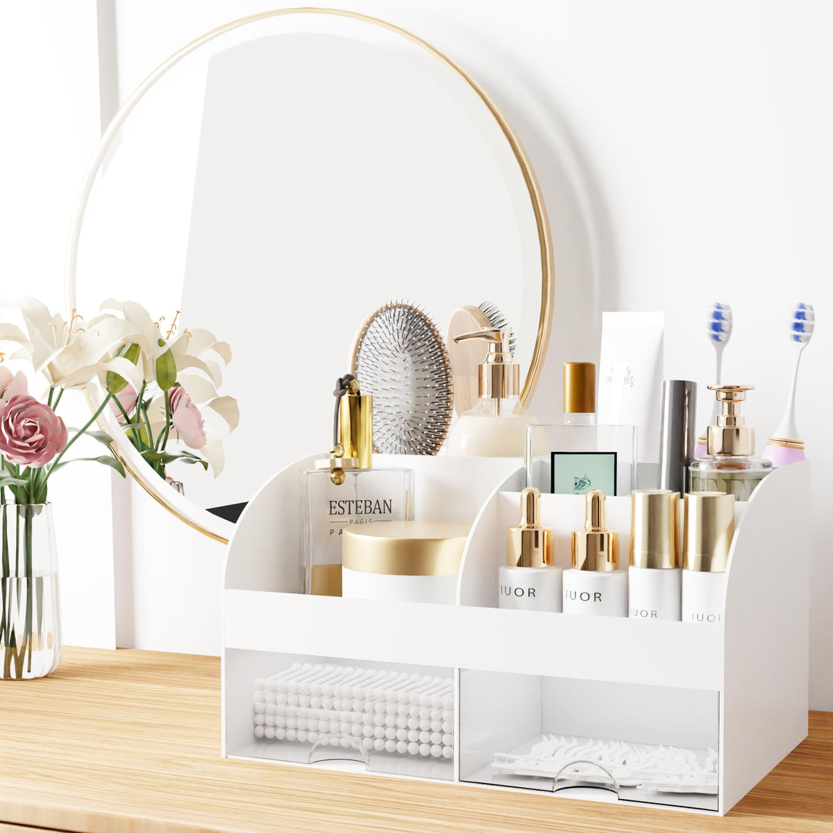 COMFYROOM transparent drawers open with cosmetics neatly organized benefit
