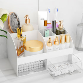 COMFYROOM front view of white makeup organizer showing neat storage benefit