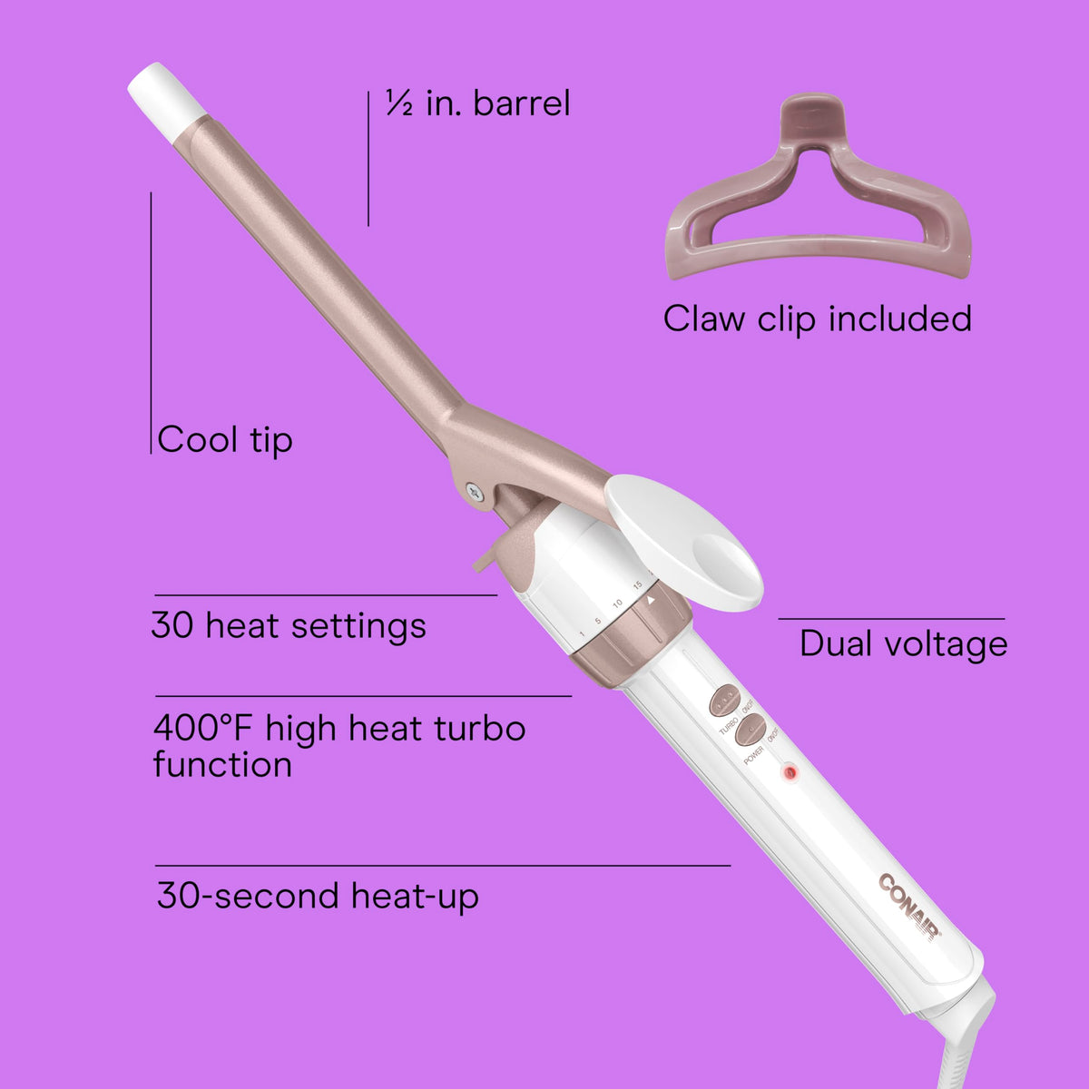 Conair barrel close-up shows double ceramic coating for even heat and frizz reduction