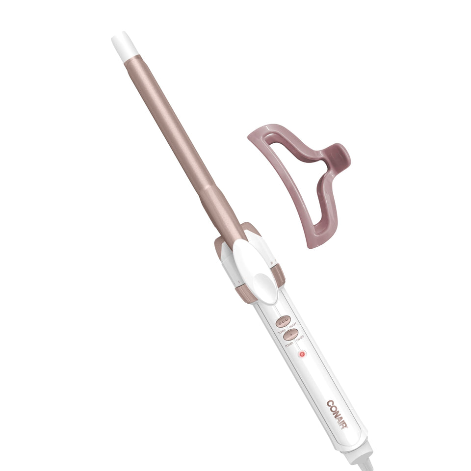 Conair curling iron front view in white rose gold showing styling-ready design and portability