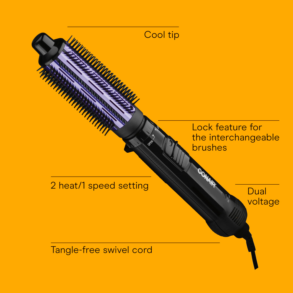 Conair 1.5-inch brush close-up with nylon bristles for detangling and volume