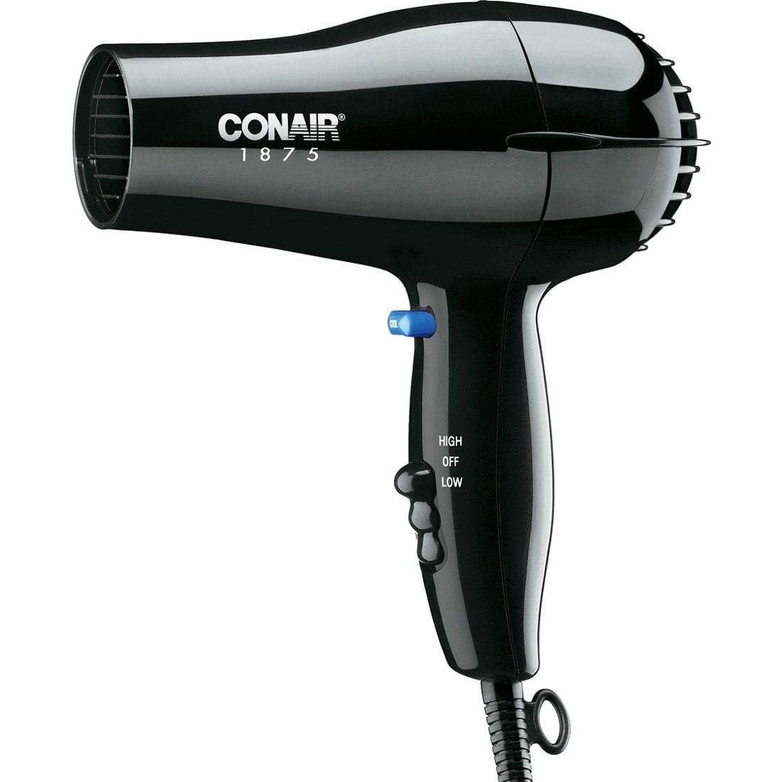 Conair 1875W black front view showing sleek housing and fast-drying benefit