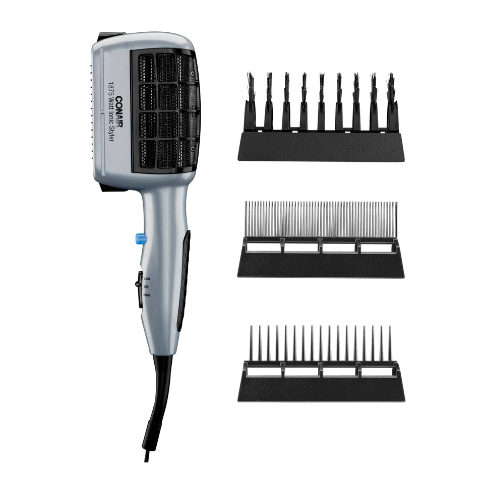 Conair 3-in-1 front view showing main dryer and attachments for versatile styling