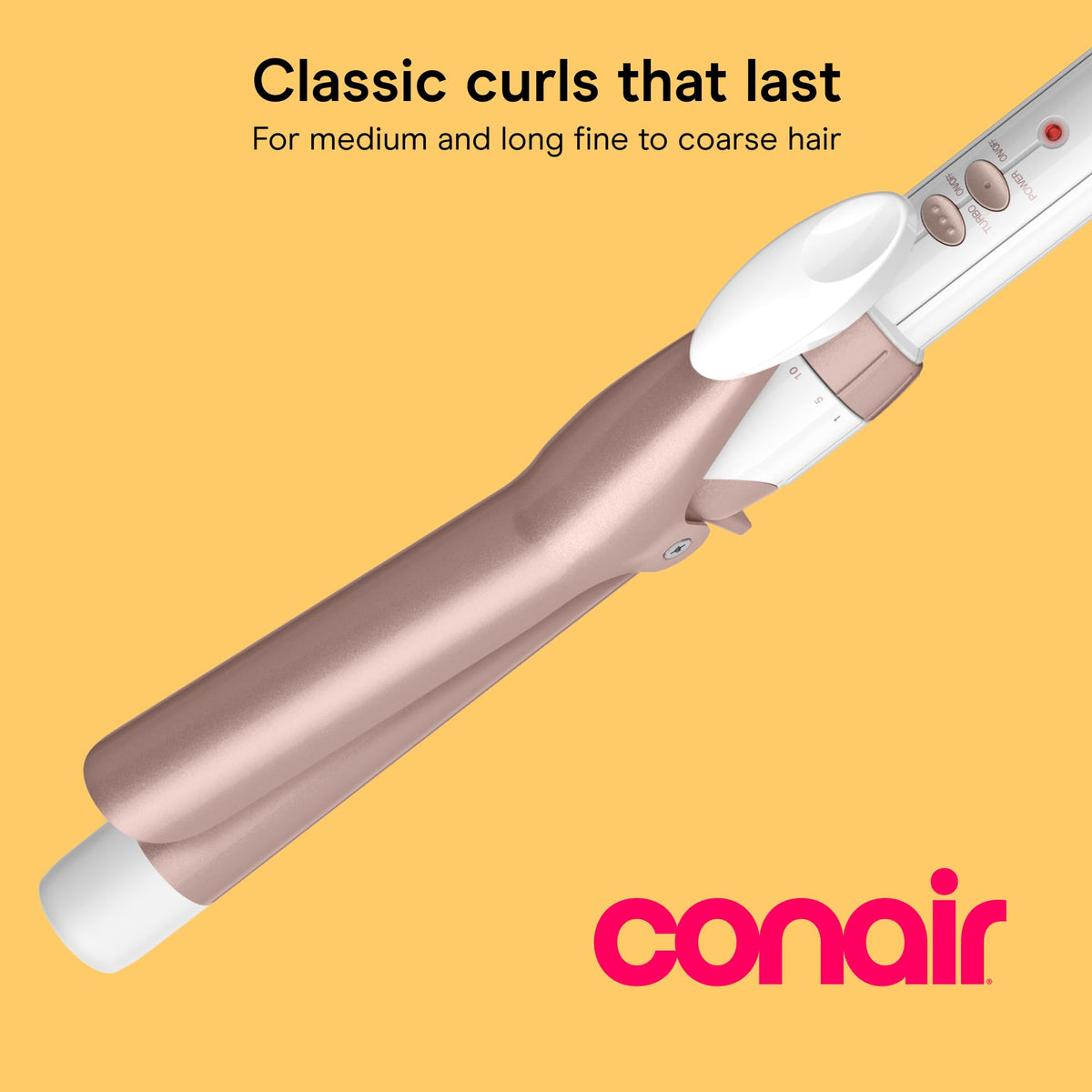 Conair ceramic barrel close-up highlighting smooth finish for snag-free styling