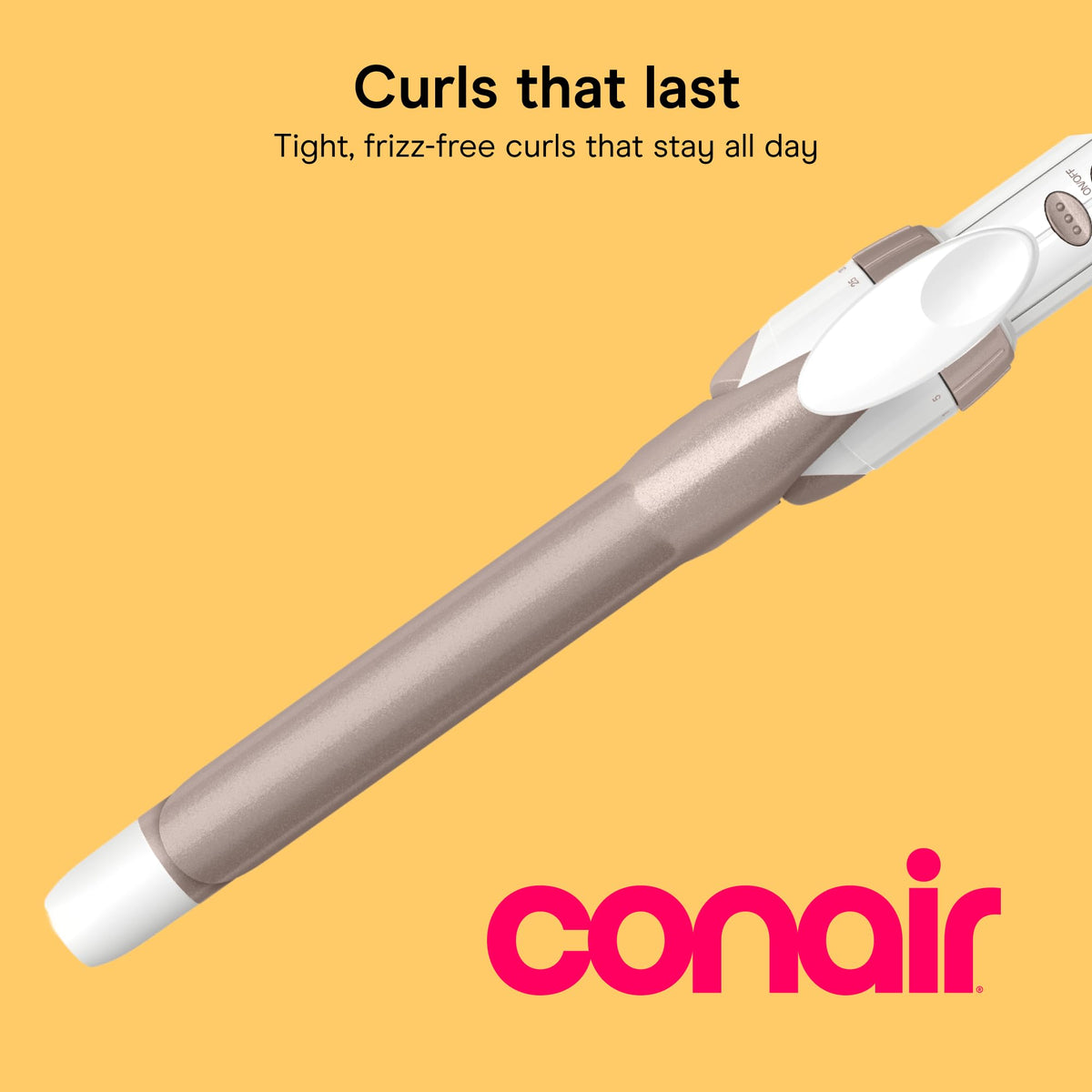 Conair close-up of .75-inch ceramic barrel showing smooth heat surface benefit
