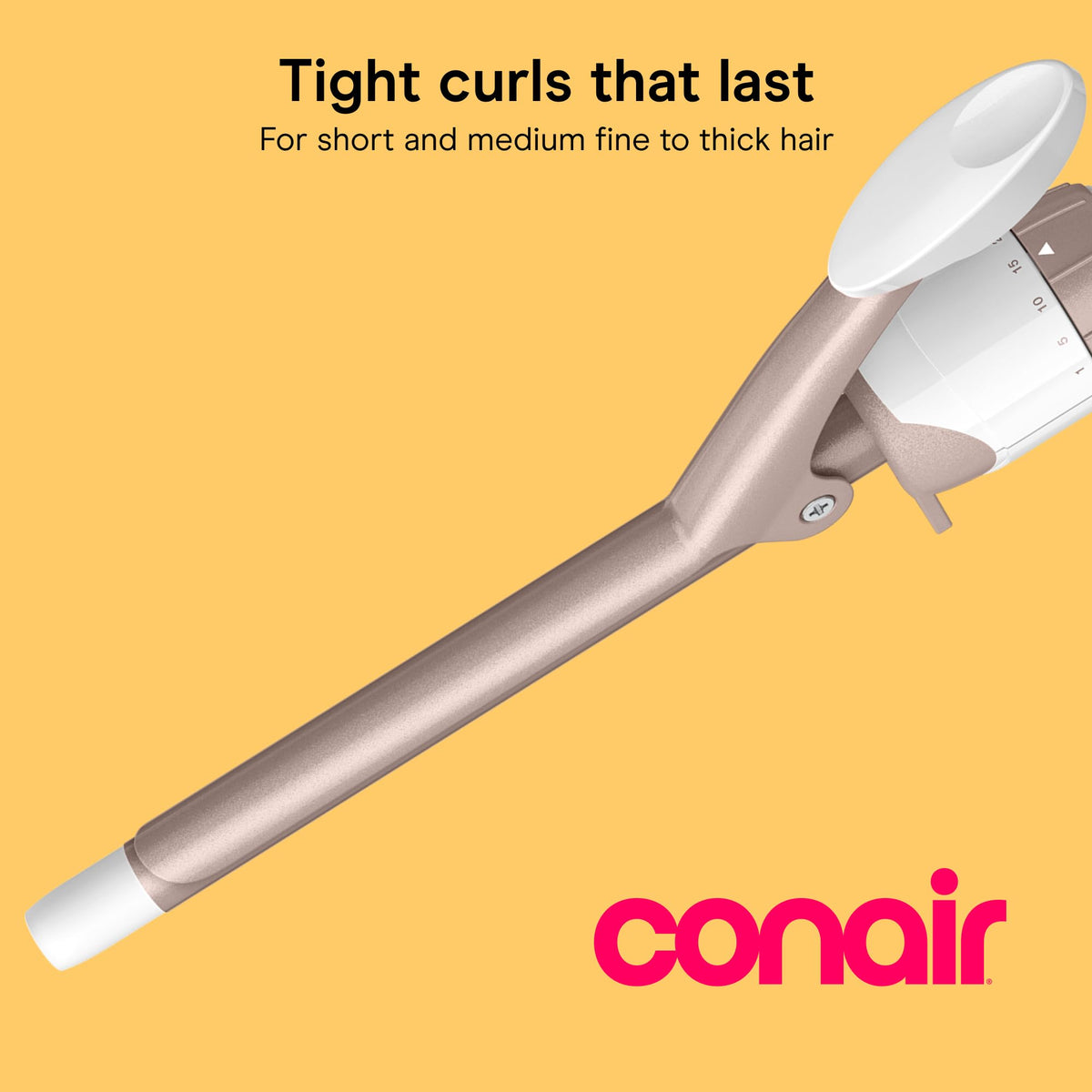 Conair close-up of ½-inch double ceramic barrel delivering even heat and defined spirals