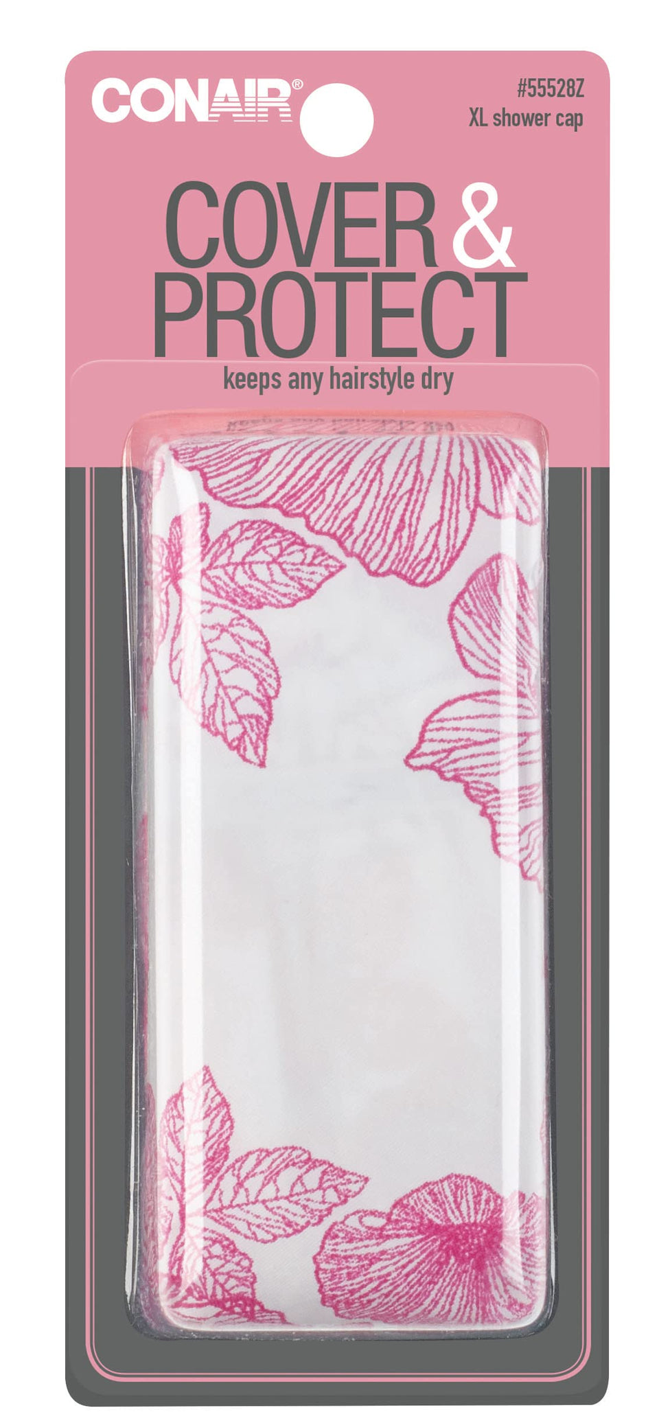 Conair bouffant shower cap front packaging showing compact, lightweight protection
