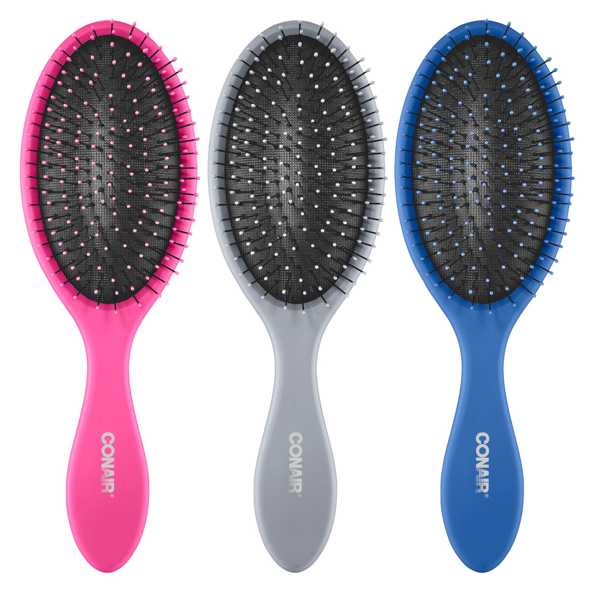 Conair brush set front view showing three colors and easy-grip handles