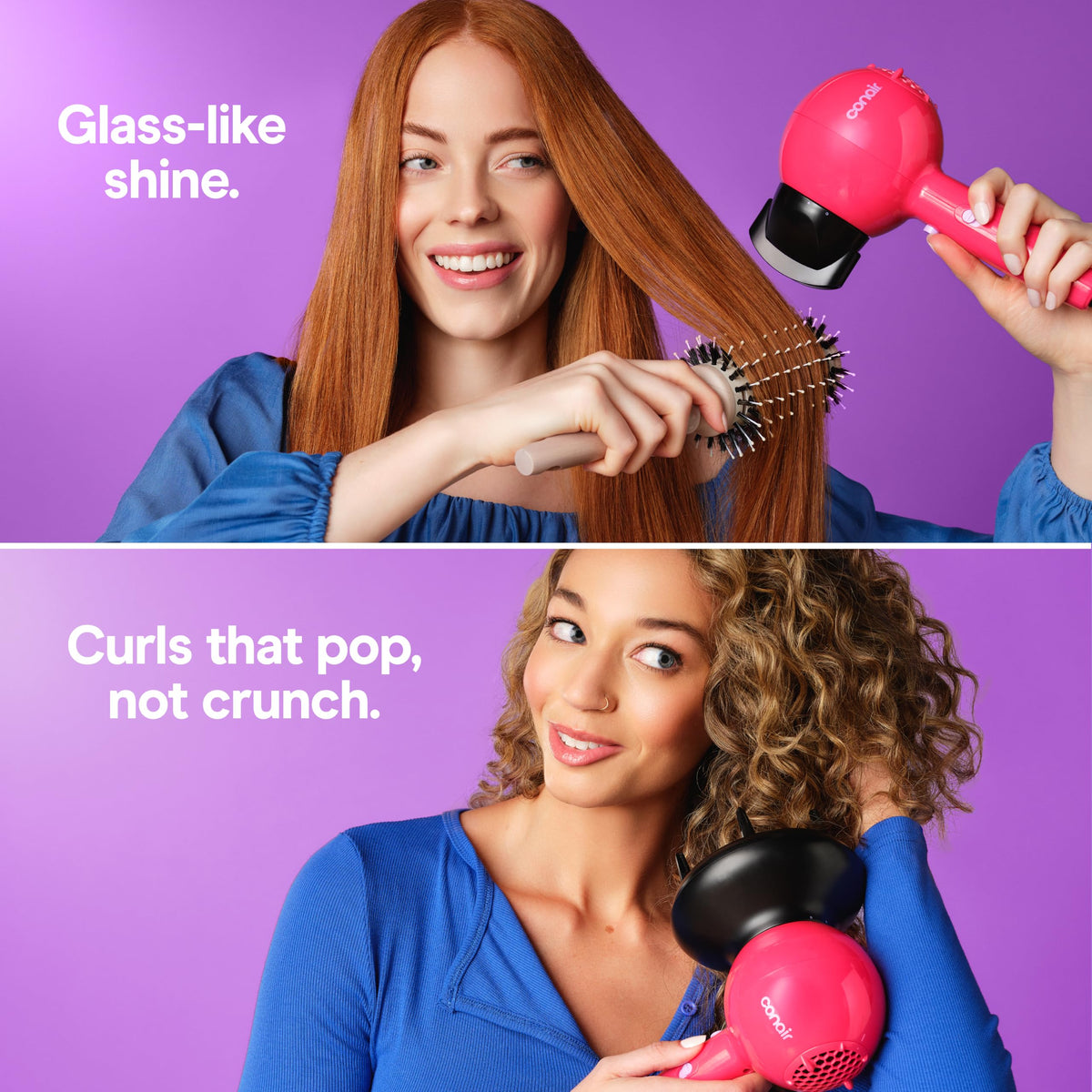 Conair Cake Pop with diffuser attached showing enhanced curl definition benefit