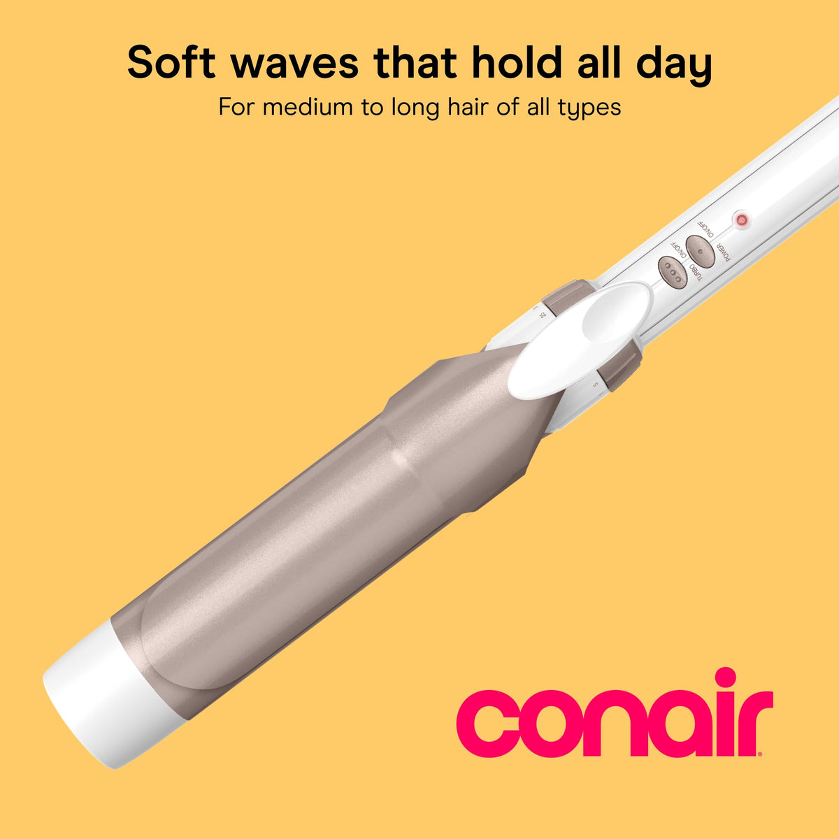 Conair close-up of double ceramic barrel highlighting even heat for less damage