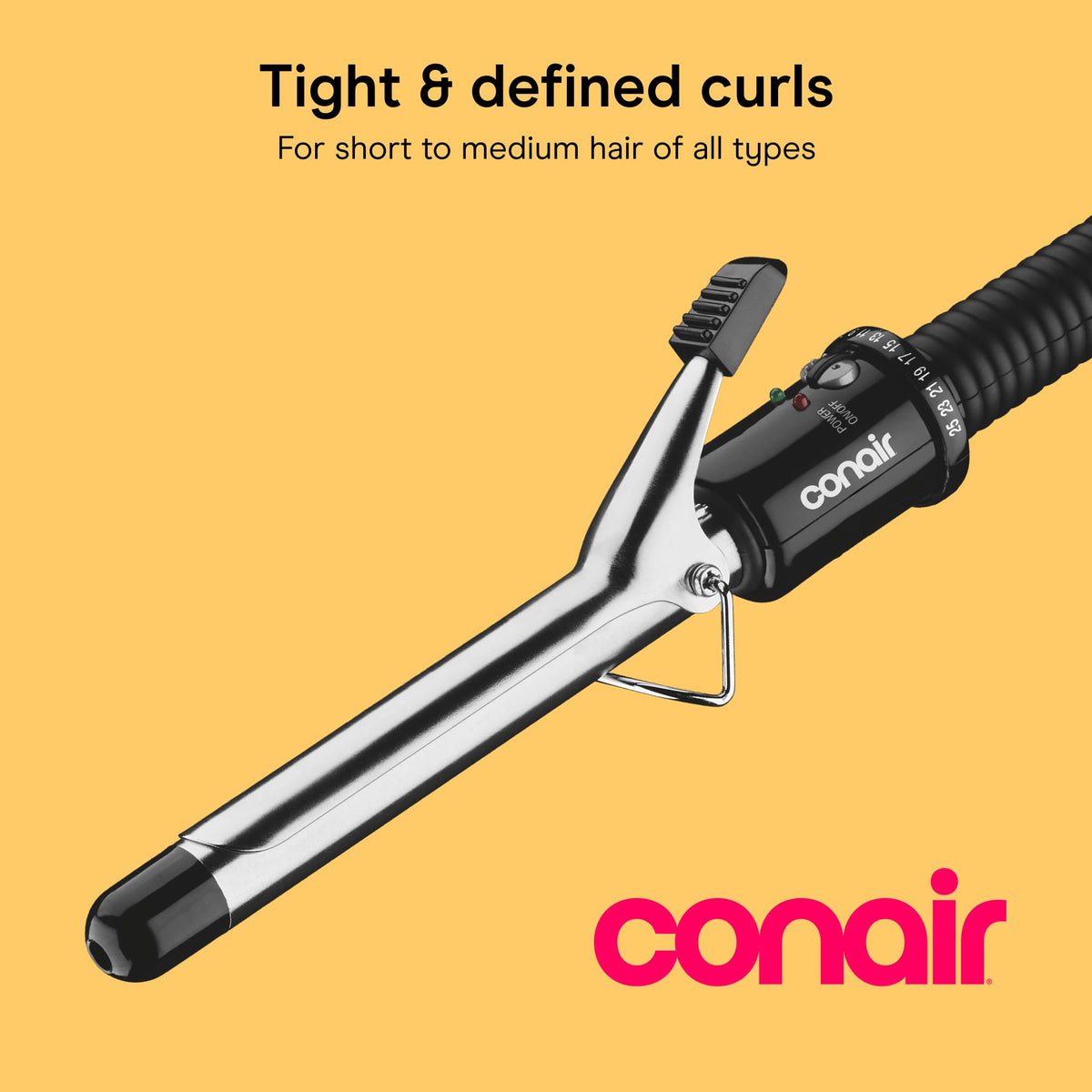 Conair ceramic barrel close-up for even heat and smoother shiny curls