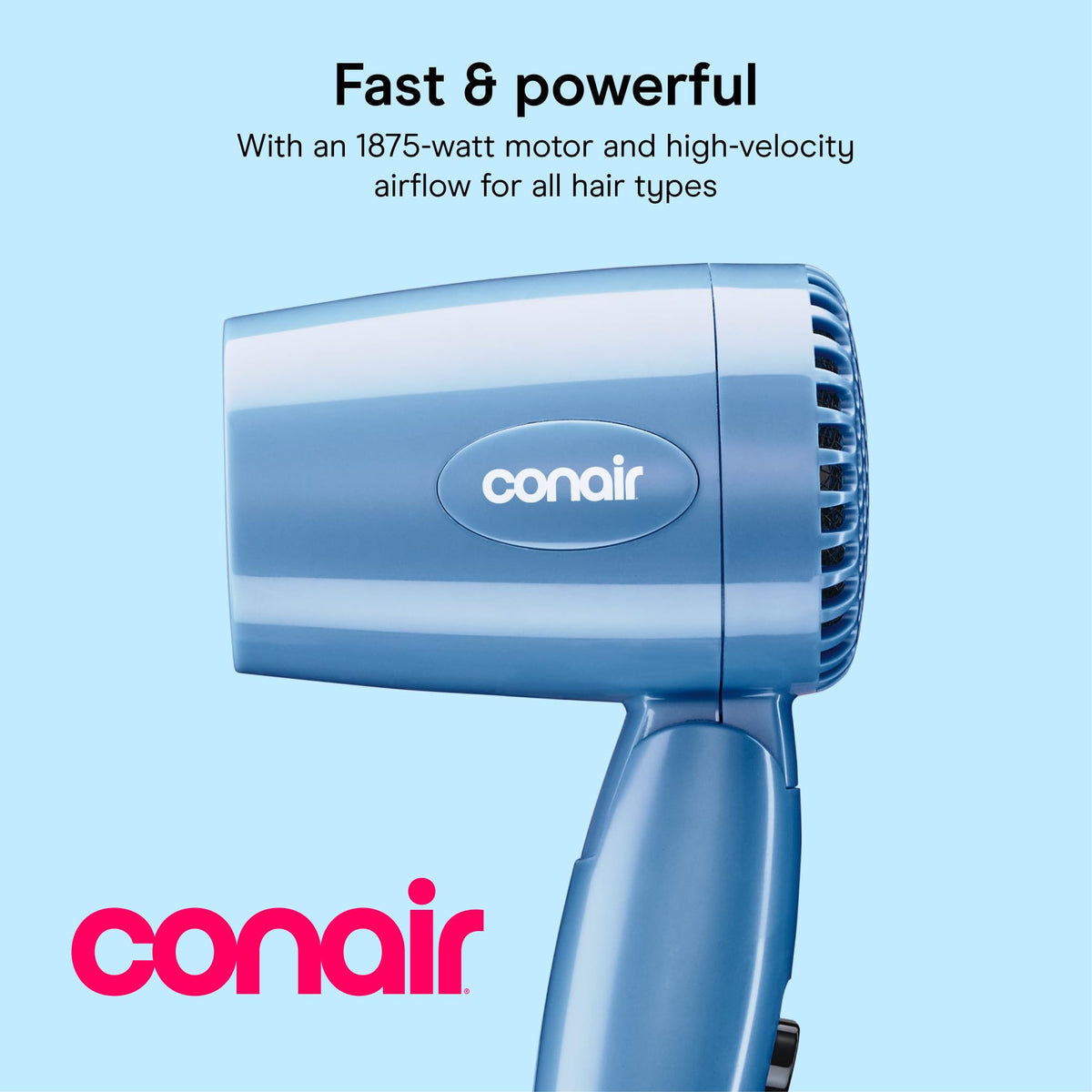 Conair folded handle and size comparison demonstrating easy storage benefit
