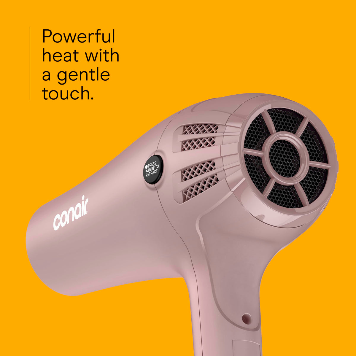 Conair concentrator nozzle attached to dryer, brand benefits precise smoothing and targeted airflow