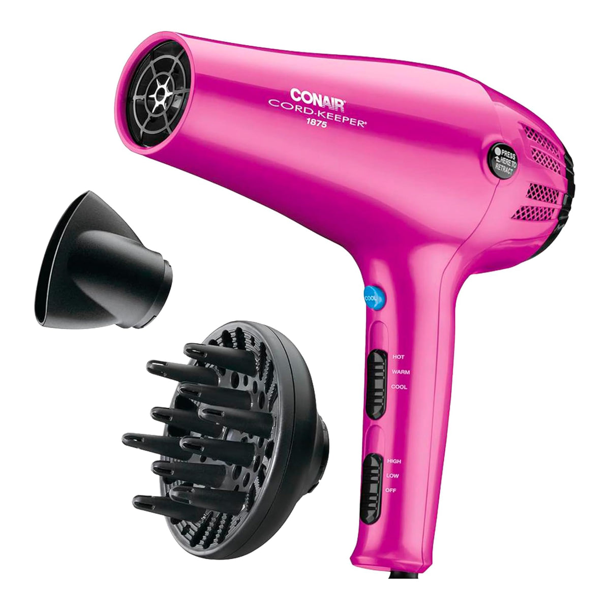 Conair Cord Keeper front view showing compact design and nozzle — easy styling