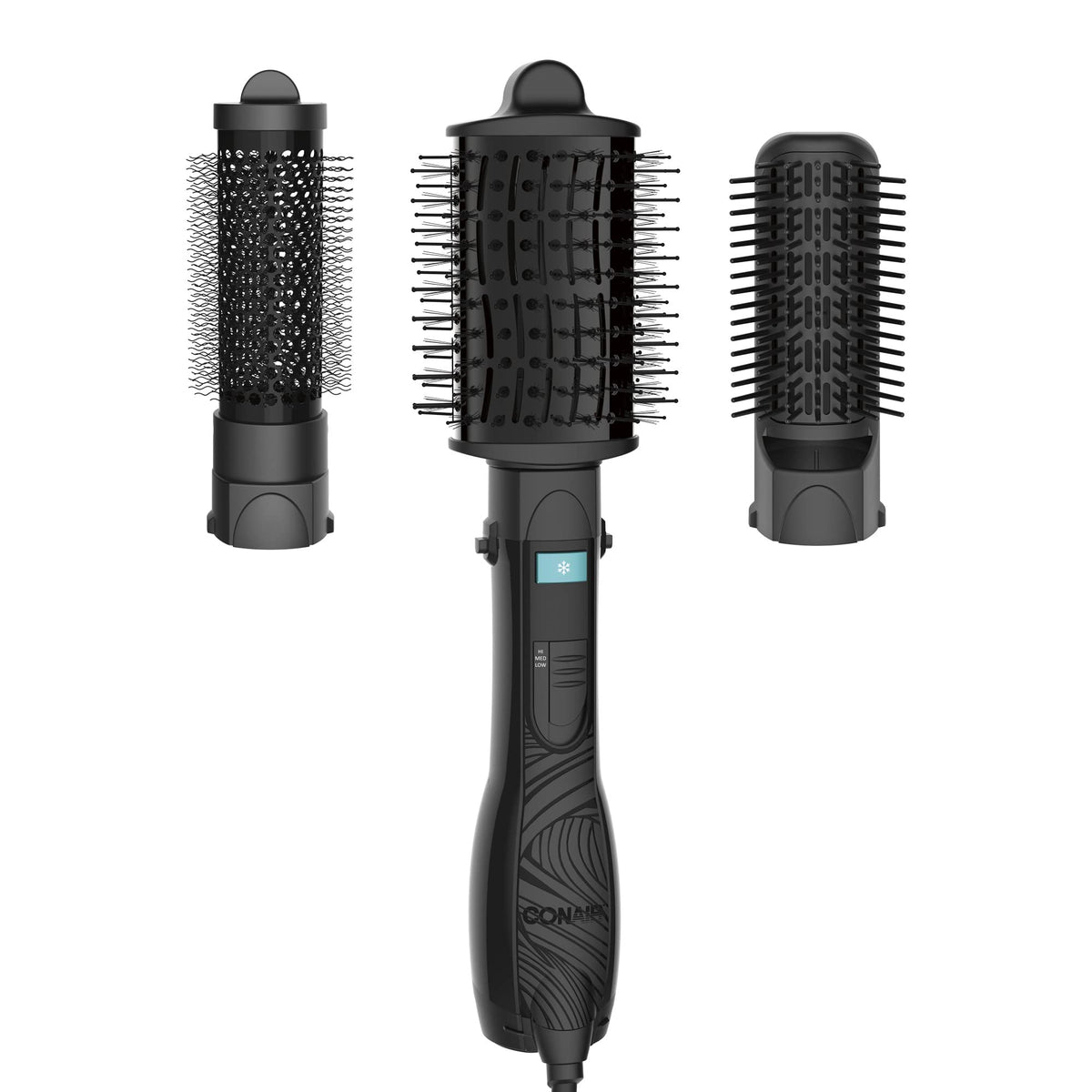 Conair front view of kit box showing three brush attachments and handle for versatile styling