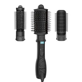 Conair front view of kit box showing three brush attachments and handle for versatile styling