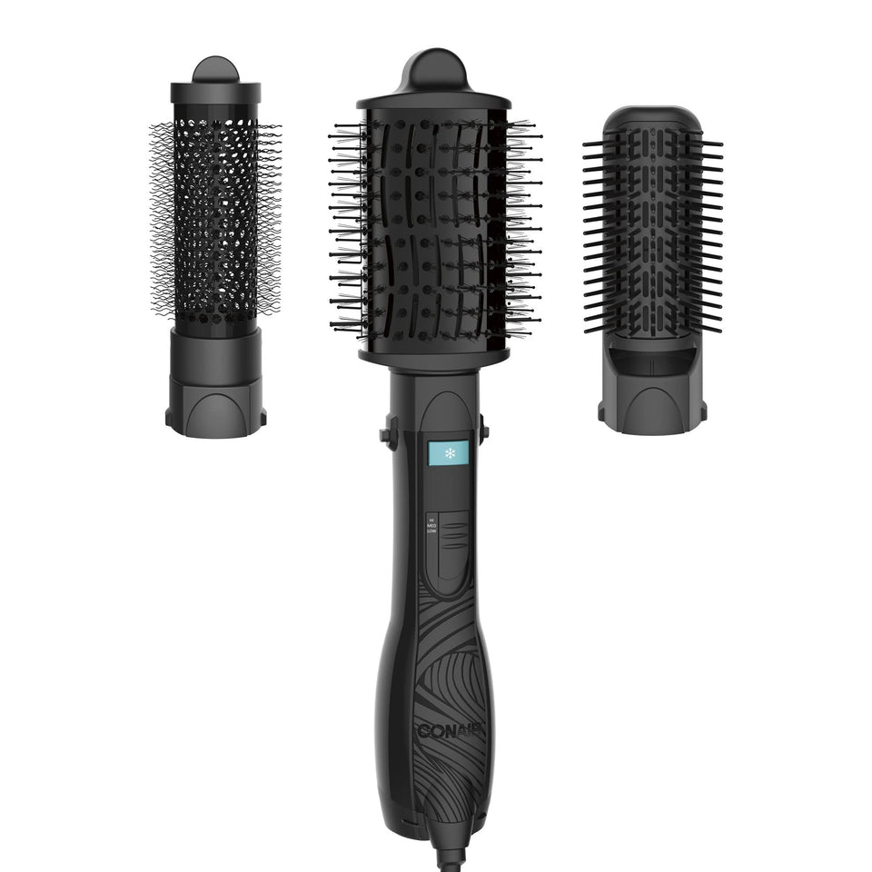 Conair front view of kit box showing three brush attachments and handle for versatile styling