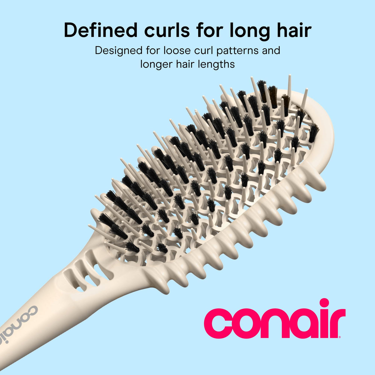 Conair Curl Define Pro bristles closeup showing mixed bristle design for gentle detangling
