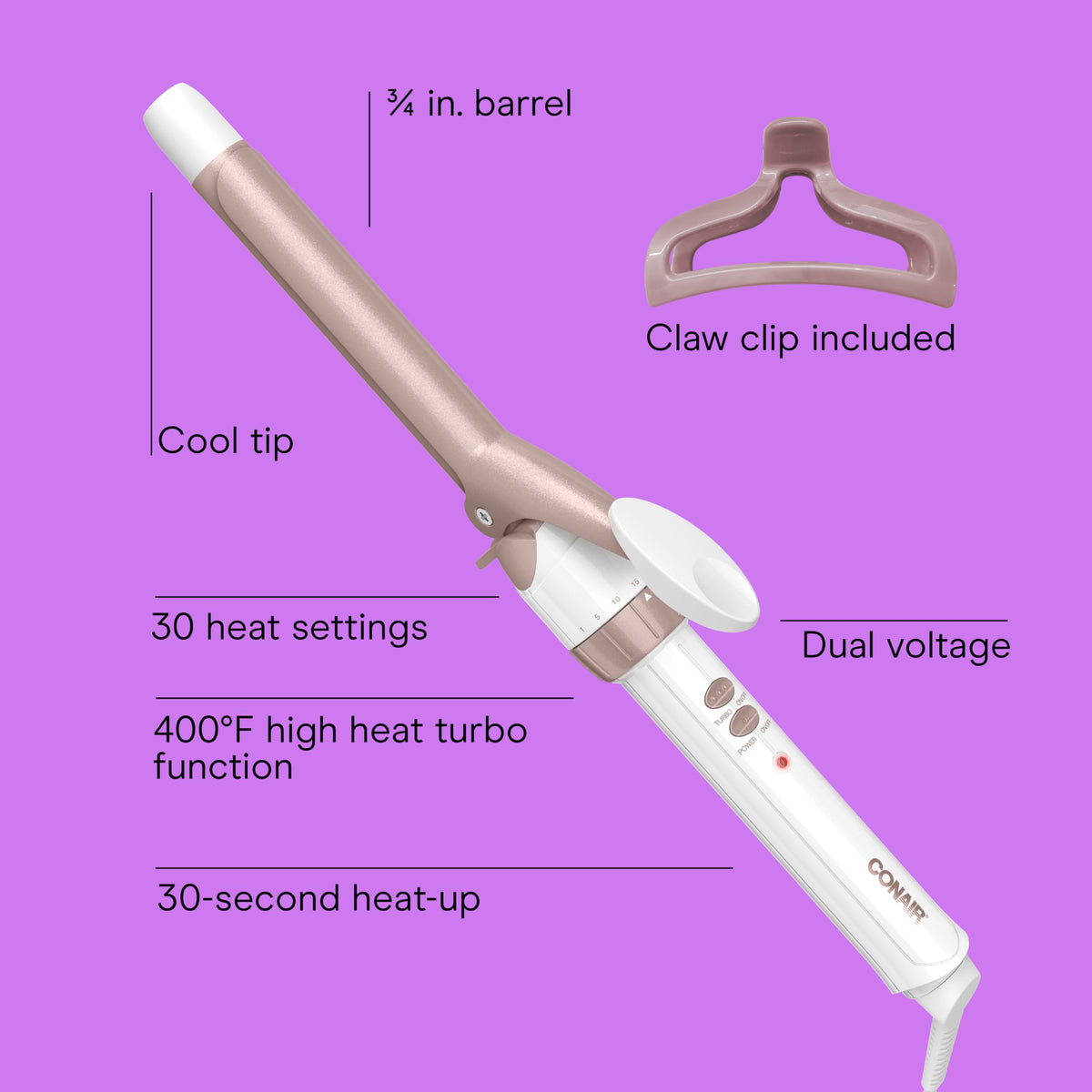 Conair barrel close-up showing double ceramic surface for even heat and frizz reduction