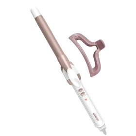 Conair curling iron front view showing white and rose gold finish and curling barrel benefit