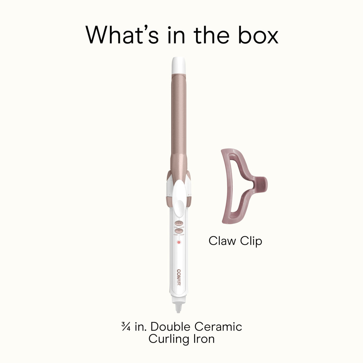 Conair curling iron next to ruler showing compact 3/4-inch barrel size benefit