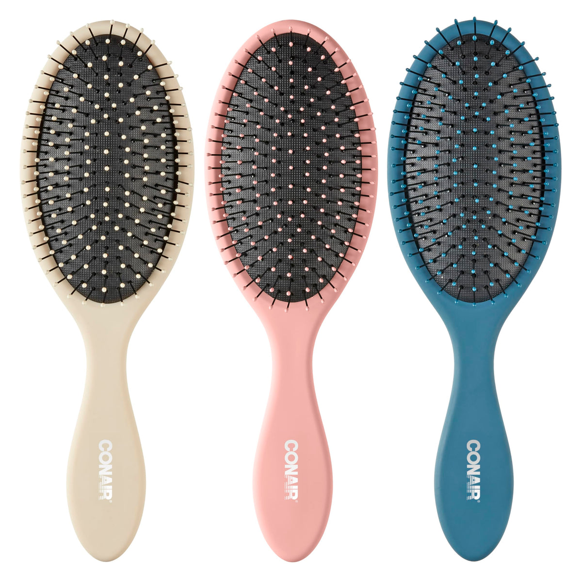Conair detangler set front view showing three colors for travel convenience