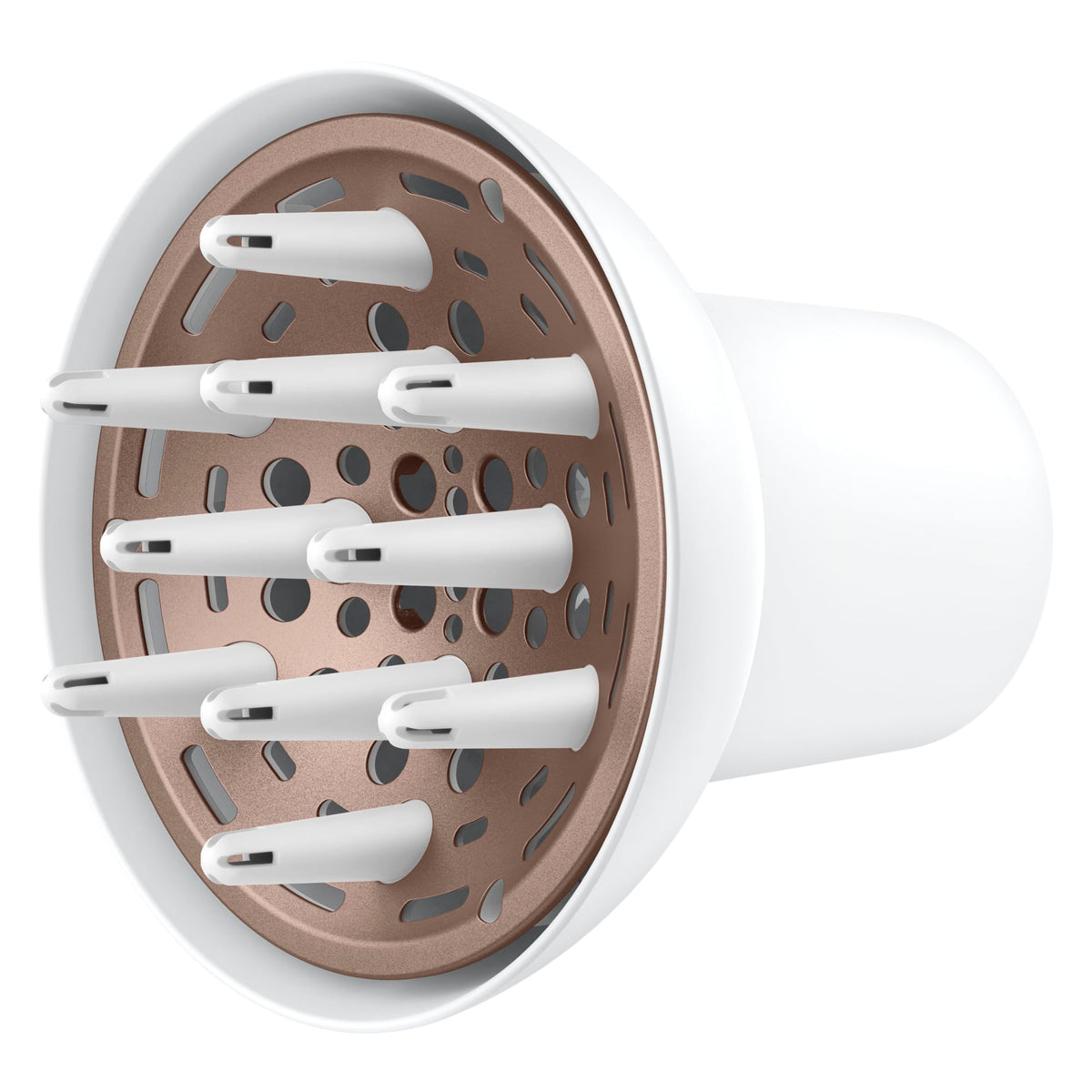 Conair diffuser front view showing universal fit and easy snap-on benefit