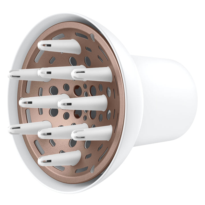 Conair diffuser front view showing universal fit and easy snap-on benefit