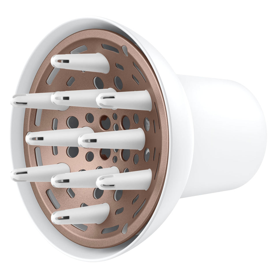 Conair diffuser front view showing universal fit and easy snap-on benefit