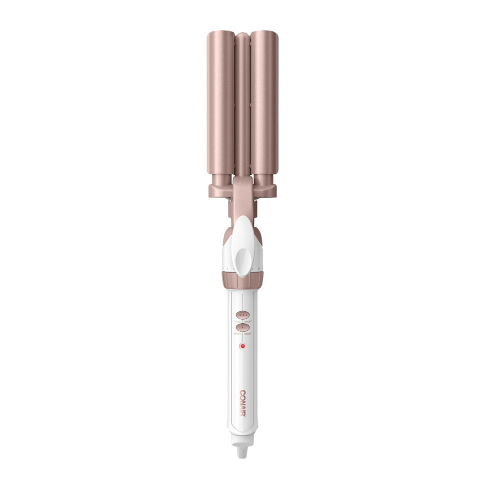Conair front view of triple-barrel waver showing shape and finish, for quick styling