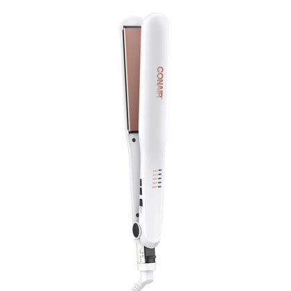 Conair front view of flat iron showing long plates and ergonomic handle for faster styling