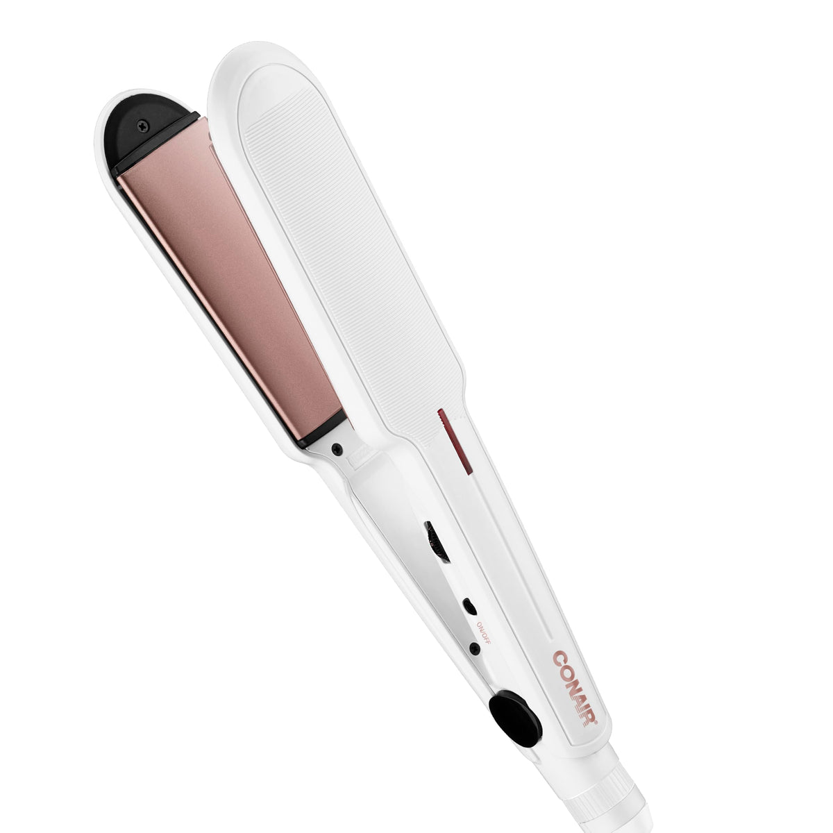 Conair double ceramic flat iron front view showing sleek white finish and wide plates for fast styling