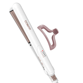 Conair double ceramic flat iron front view showing sleek white body and controls for easy styling