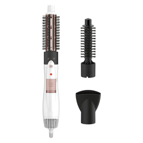 Conair front view of 3‑in‑1 hot air brush showing attachments and controls for versatile styling