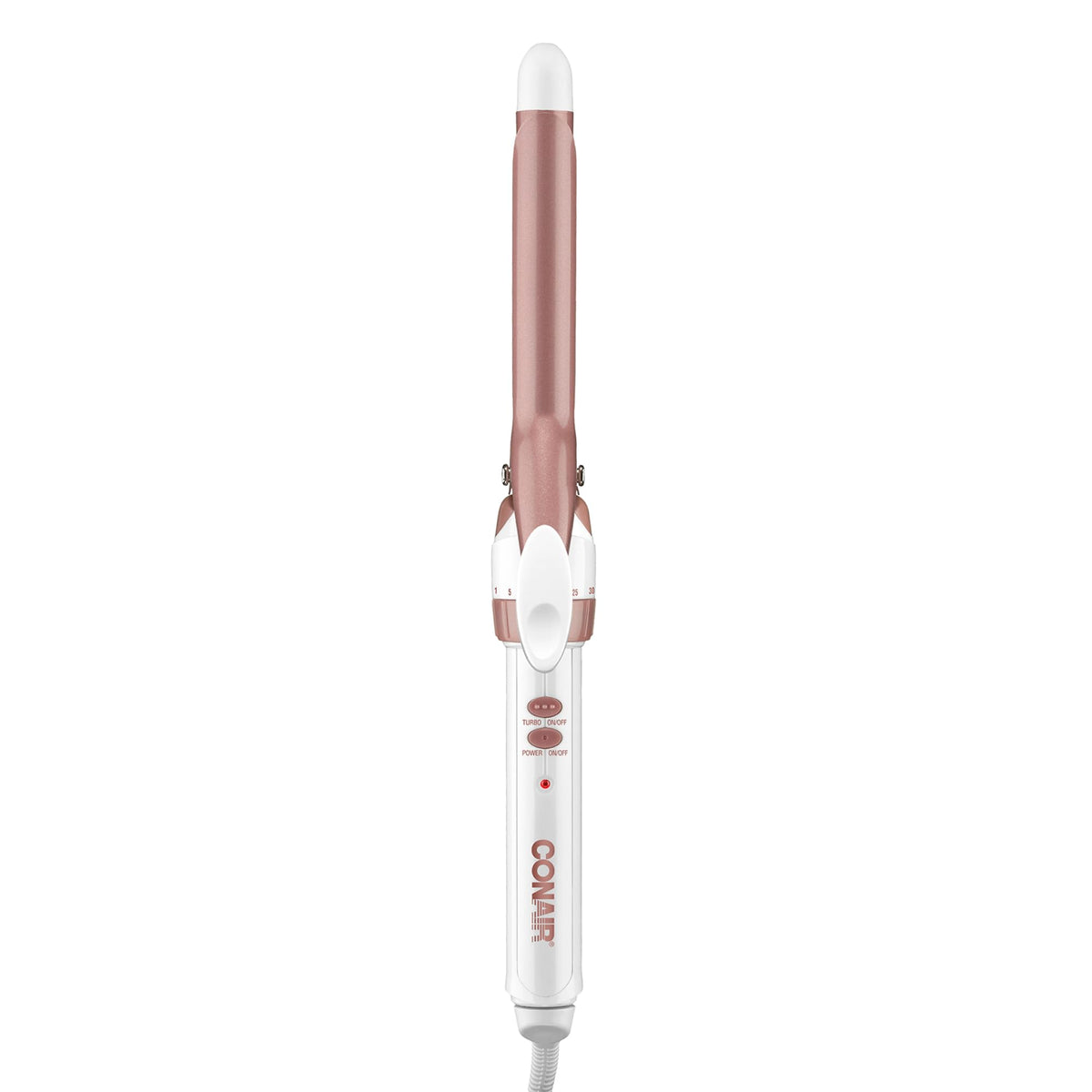 Conair front view of double ceramic curling iron, clear design and control benefits